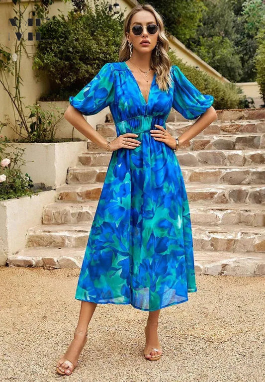 Blanche V Neck Floral Midi Dress — front