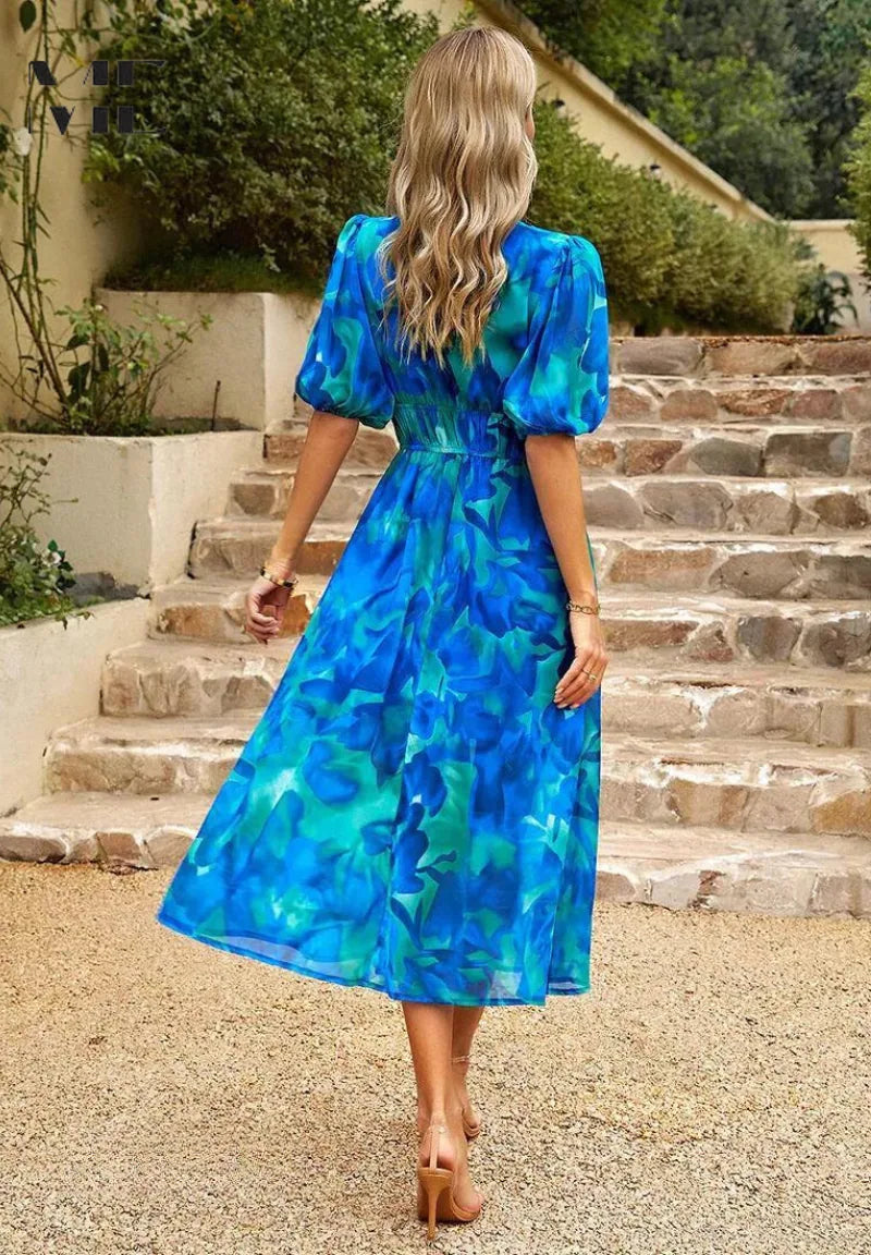 Blanche V Neck Floral Midi Dress — skirt in movement