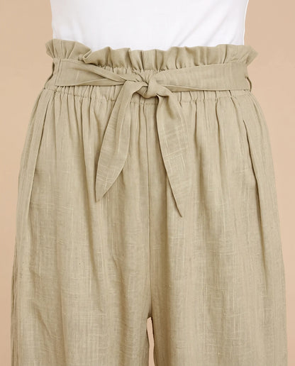 Celeste High Waisted Wide Leg Pants for Women - Belted Linen-Look Summer Pants - Khaki — paperbag waist and tie detail