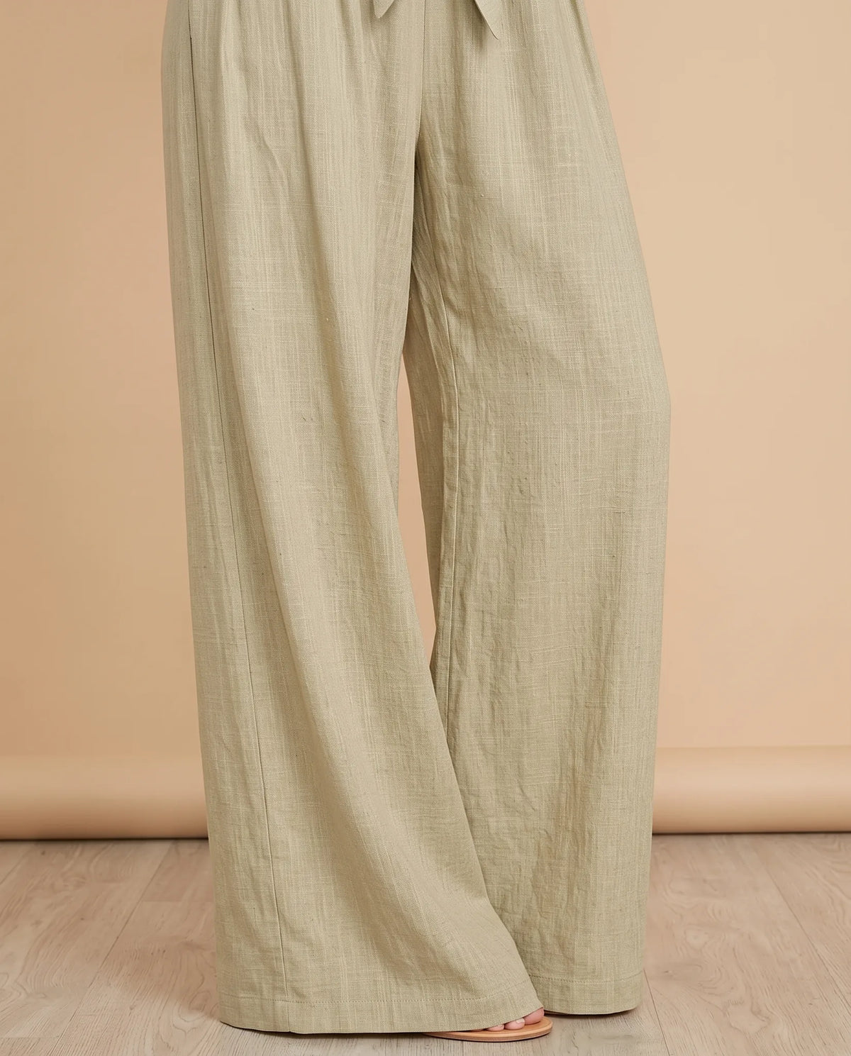 Celeste High Waisted Wide Leg Pants for Women - Belted Linen-Look Summer Pants - Khaki — wide leg detail