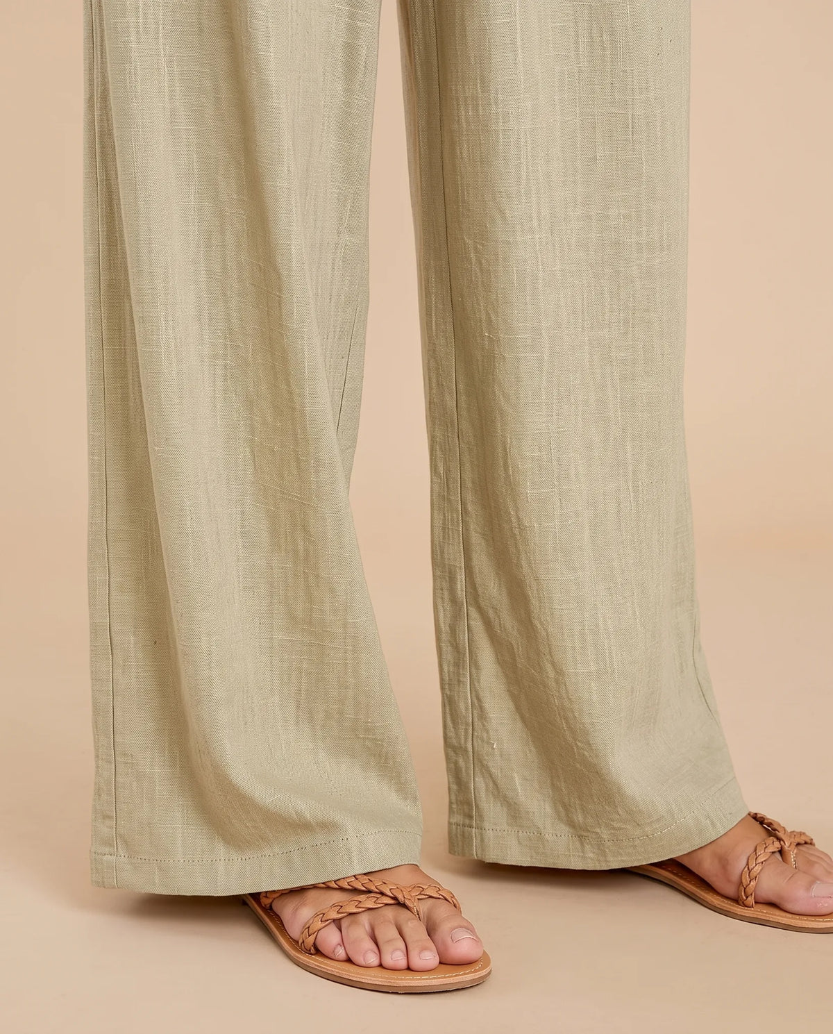 Celeste High Waisted Wide Leg Pants for Women - Belted Linen-Look Summer Pants - Khaki — hem detail