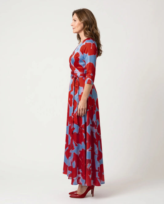 Celine Cross Wrap V-Neck Maxi Dress for Women - Three-Quarter Sleeve Summer Dress - Red — side view