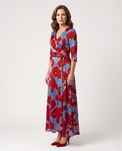 Celine Cross Wrap V-Neck Maxi Dress for Women - Three-Quarter Sleeve Summer Dress - Red — side view