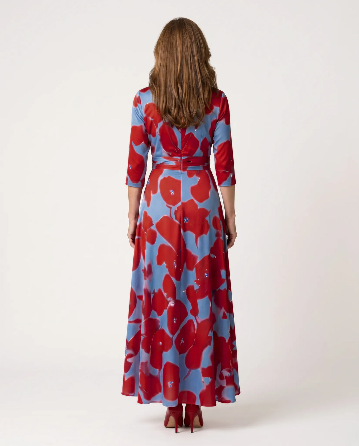 Celine Cross Wrap V-Neck Maxi Dress for Women - Three-Quarter Sleeve Summer Dress - Red — back view