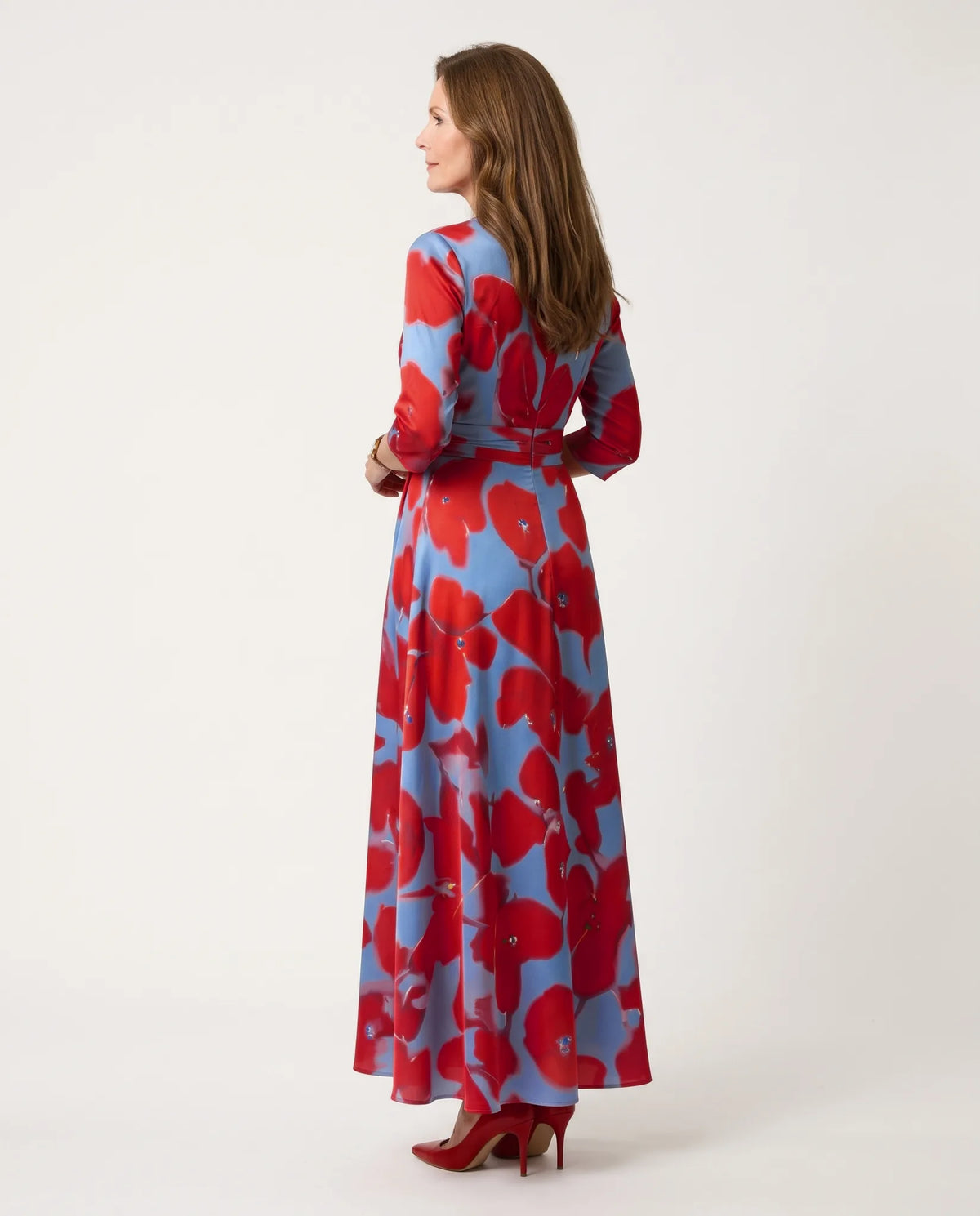 Celine Cross Wrap V-Neck Maxi Dress for Women - Three-Quarter Sleeve Summer Dress - Red — back view