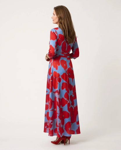 Celine Cross Wrap V-Neck Maxi Dress for Women - Three-Quarter Sleeve Summer Dress - Red — back view