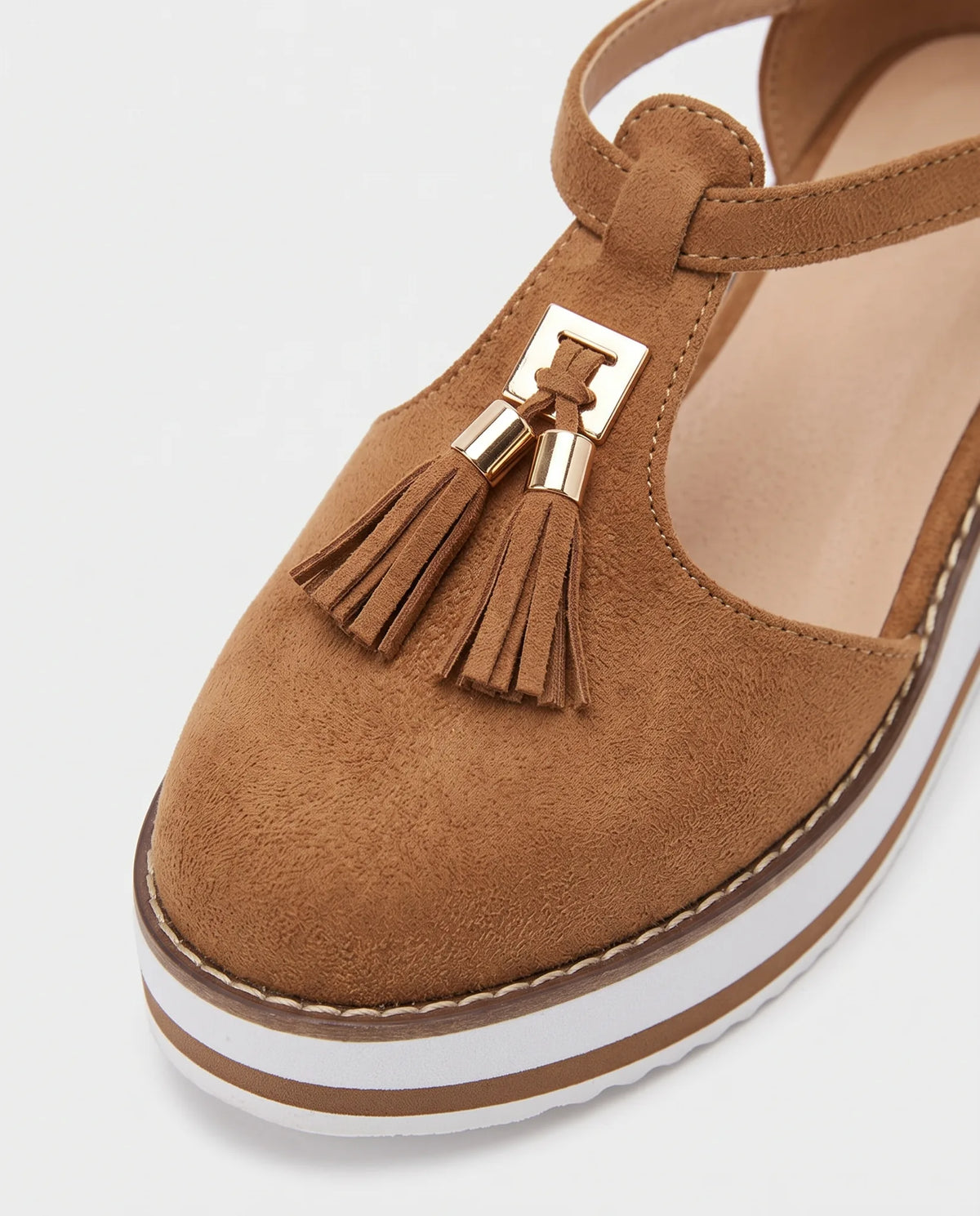 Cleo Backless Mule Sandals for Women - Tassel Flat Summer Sandals - Brown — tassel and buckle detail