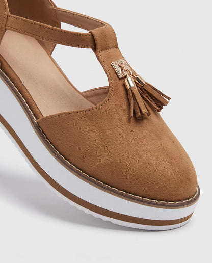 Cleo Backless Mule Sandals for Women - Tassel Flat Summer Sandals - Brown — side view