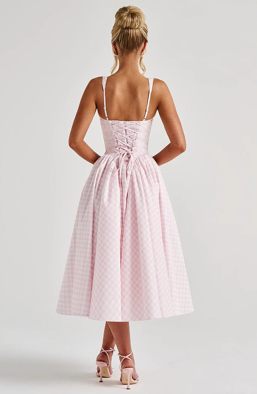 Coralie Gingham Corset Midi Dress — lace-up back