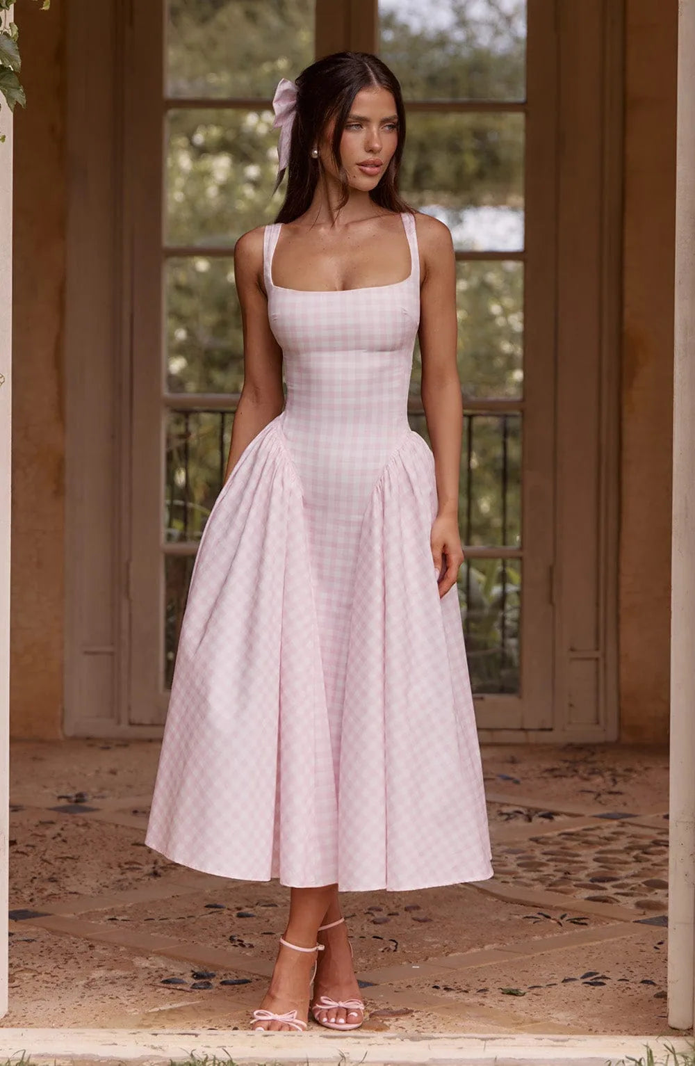 Coralie Gingham Corset Midi Dress — styled