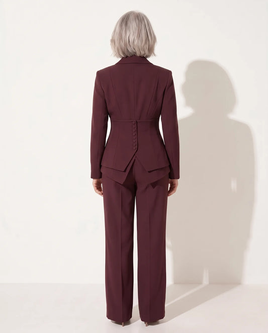 Cordelia Tailored Straight Leg Two Piece Set for Women - Trousers Blazer Suit Summer Set - Wine Red — back view