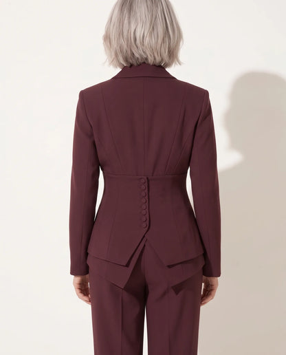 Cordelia Tailored Straight Leg Two Piece Set for Women - Trousers Blazer Suit Summer Set - Wine Red — back view