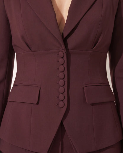 Cordelia Tailored Straight Leg Two Piece Set for Women - Trousers Blazer Suit Summer Set - Wine Red — button and pocket detail