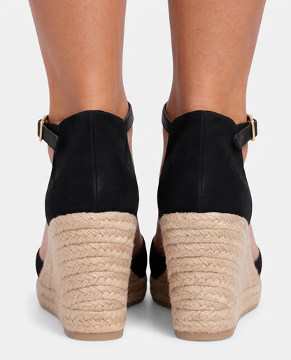 Ditte Closed-Toe Sandals for Women - Jute Wedge Ankle Summer Sandals - Black — back view
