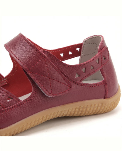 Elin Orthopaedic Sandals for Women - Flat Perforated Closed-Toe Summer Sandals - Rose Red — strap and perforation detail