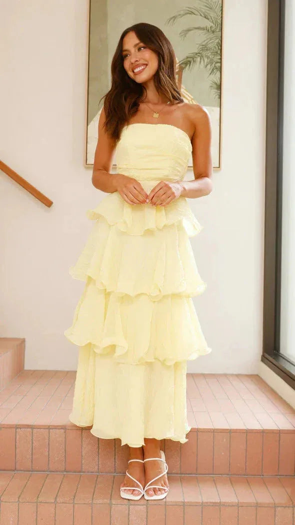 Elise Strapless Tiered Ruffle Maxi Dress — styled