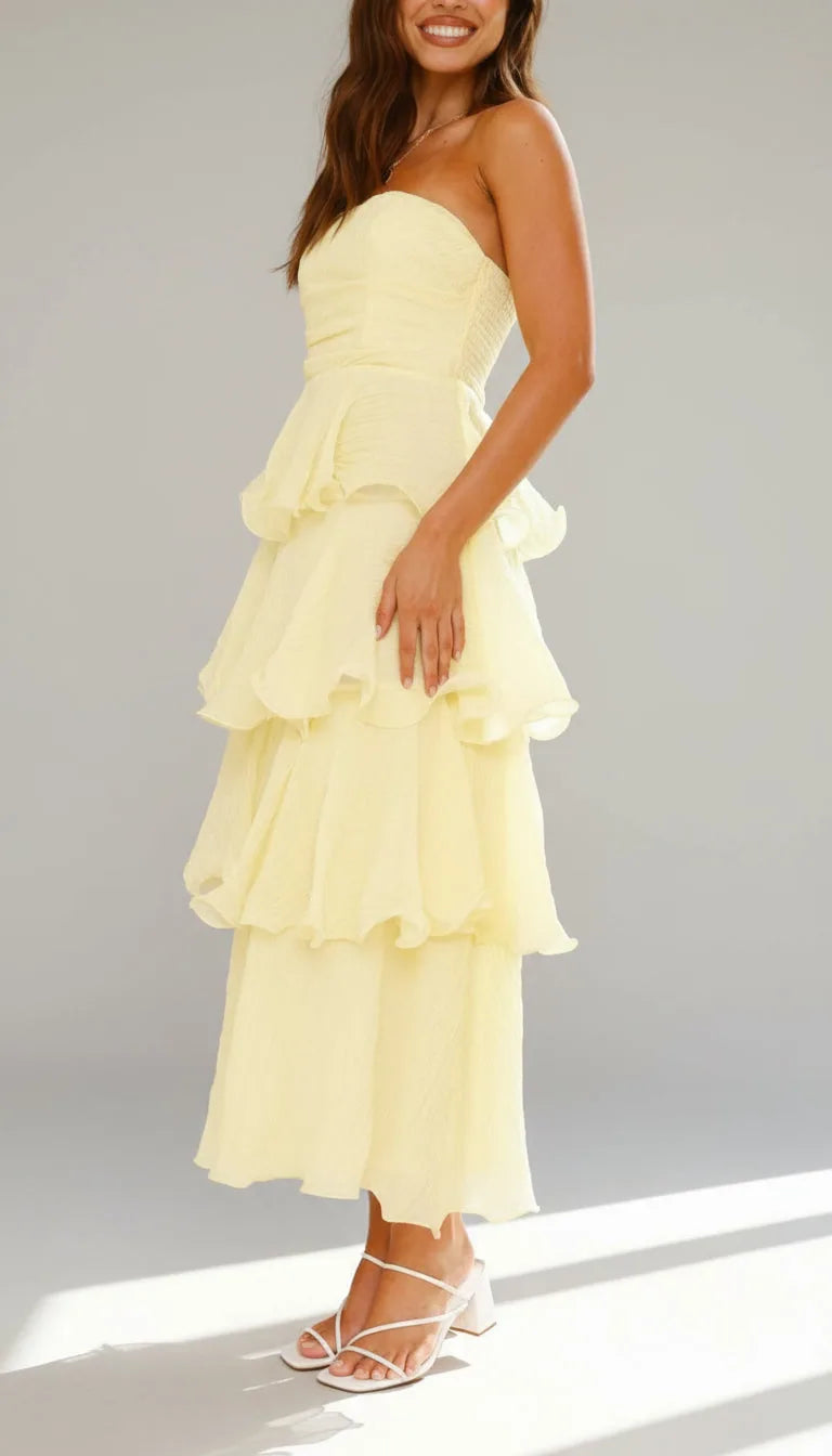 Elise Strapless Tiered Ruffle Maxi Dress — side profile