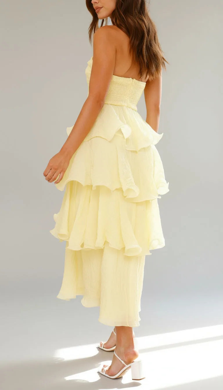 Elise Strapless Tiered Ruffle Maxi Dress — skirt and ruffle detail