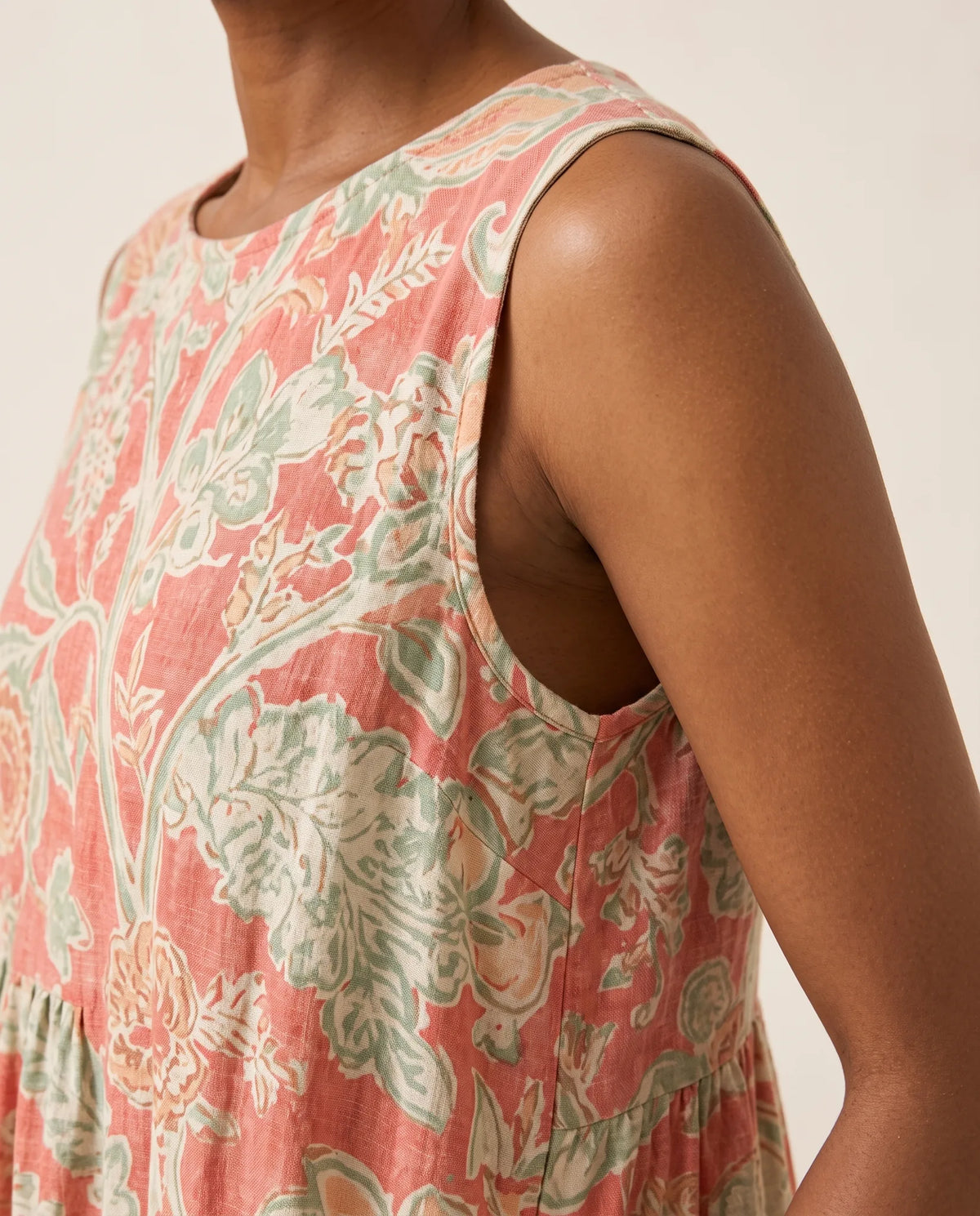 Emmanuelle Sleeveless Floral Midi Dress for Women - Print Relaxed-Fit Summer Dress - Coral Pink — armhole detail
