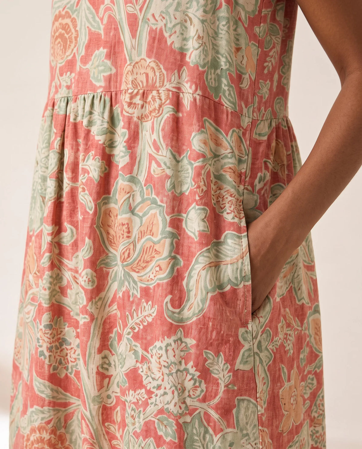 Emmanuelle Sleeveless Floral Midi Dress for Women - Print Relaxed-Fit Summer Dress - Coral Pink — pocket detail