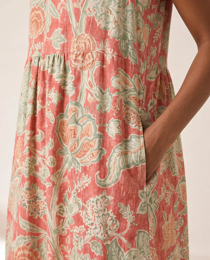 Emmanuelle Sleeveless Floral Midi Dress for Women - Print Relaxed-Fit Summer Dress - Coral Pink — pocket detail