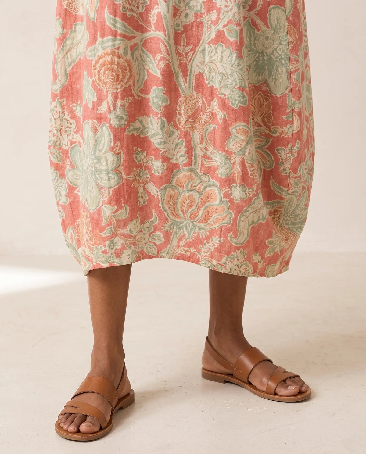 Emmanuelle Sleeveless Floral Midi Dress for Women - Print Relaxed-Fit Summer Dress - Coral Pink — hem
