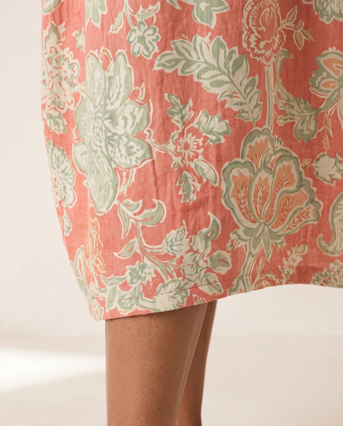 Emmanuelle Sleeveless Floral Midi Dress for Women - Print Relaxed-Fit Summer Dress - Coral Pink — hem edge detail