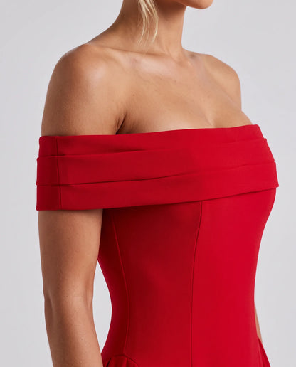 Esme Off-Shoulder Flare Midi Dress for Women - Summer Dress - Red — off-shoulder neckline detail