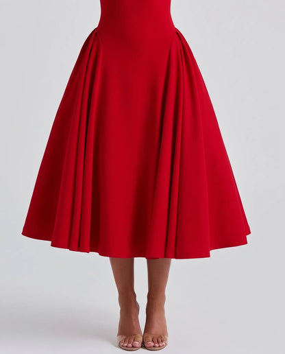 Esme Off-Shoulder Flare Midi Dress for Women - Summer Dress - Red — flare skirt and hem