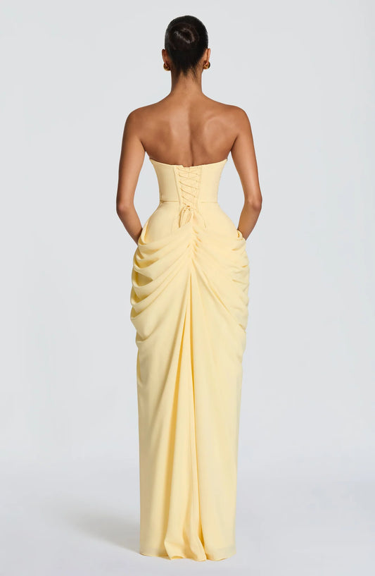 Garance Strapless Draped Maxi Dress — back view and lace-up