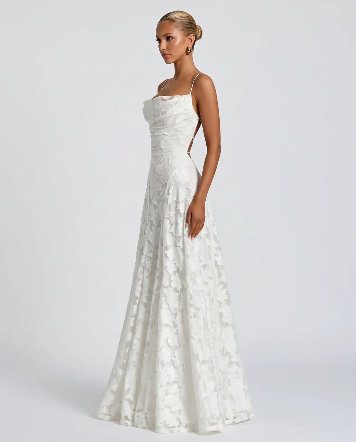 Helene Floral Spaghetti Strap Maxi Dress for Women - Flowing Event Summer Dress - White — side view