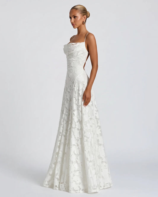 Helene Floral Spaghetti Strap Maxi Dress for Women - Flowing Event Summer Dress - White — side view