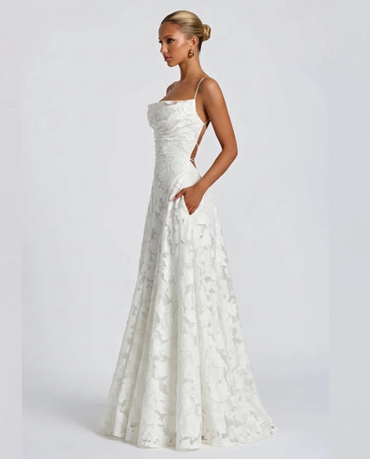 Helene Floral Spaghetti Strap Maxi Dress for Women - Flowing Event Summer Dress - White — side view