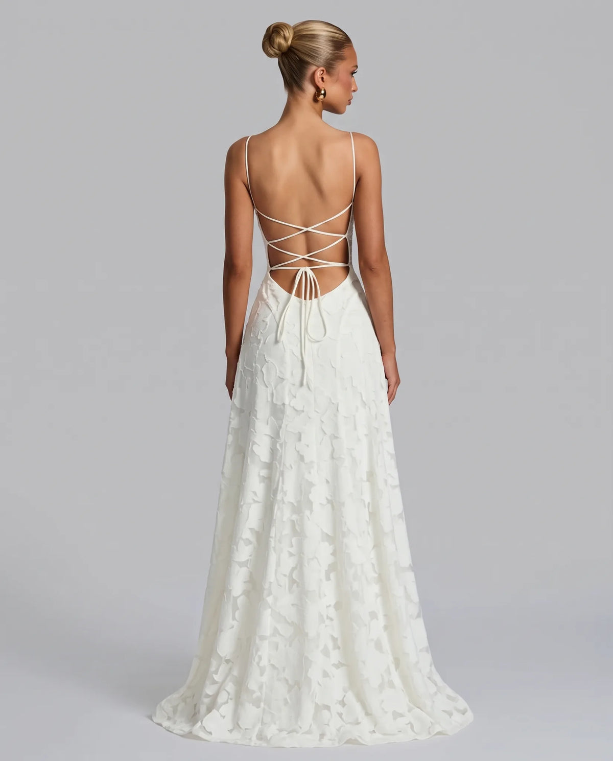 Helene Floral Spaghetti Strap Maxi Dress for Women - Flowing Event Summer Dress - White — back view