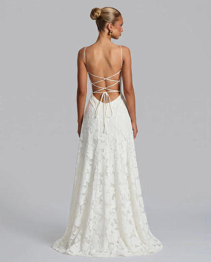 Helene Floral Spaghetti Strap Maxi Dress for Women - Flowing Event Summer Dress - White — back view
