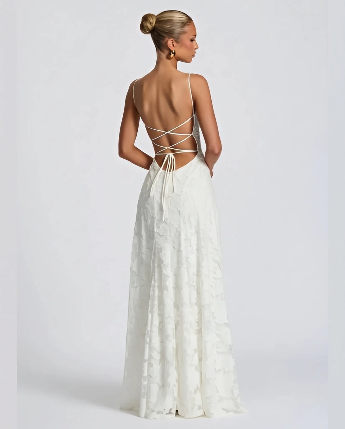 Helene Floral Spaghetti Strap Maxi Dress for Women - Flowing Event Summer Dress - White — back view