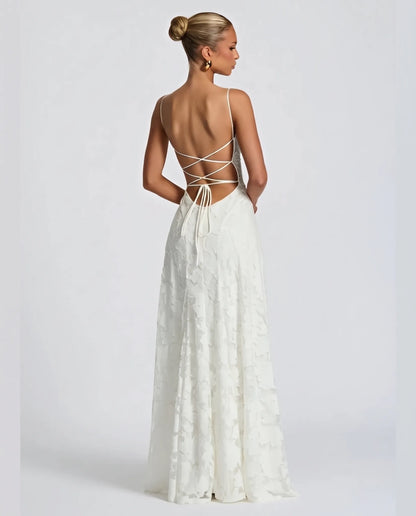 Helene Floral Spaghetti Strap Maxi Dress for Women - Flowing Event Summer Dress - White — back view