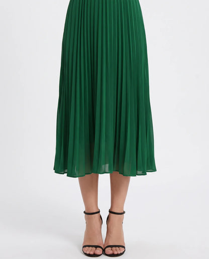 Henrietta Long Sleeve Midi Dress for Women - Pleated Summer Dress - Green — pleated skirt and hem