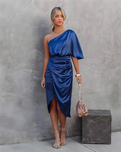 Josefine One Shoulder Satin Midi Dress — front