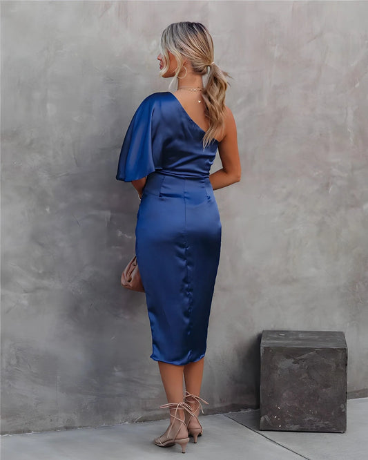 Josefine One Shoulder Satin Midi Dress — back view