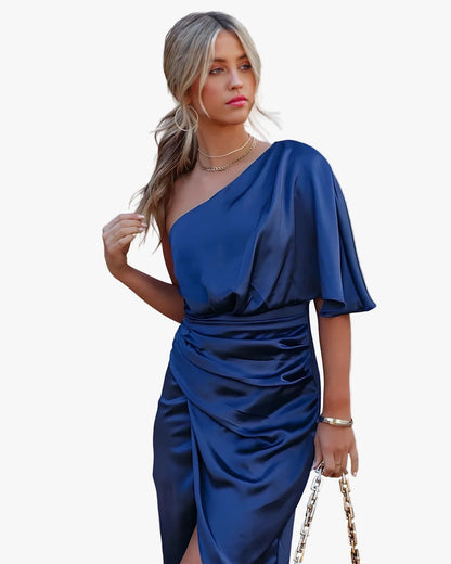 Josefine One Shoulder Satin Midi Dress — neckline detail