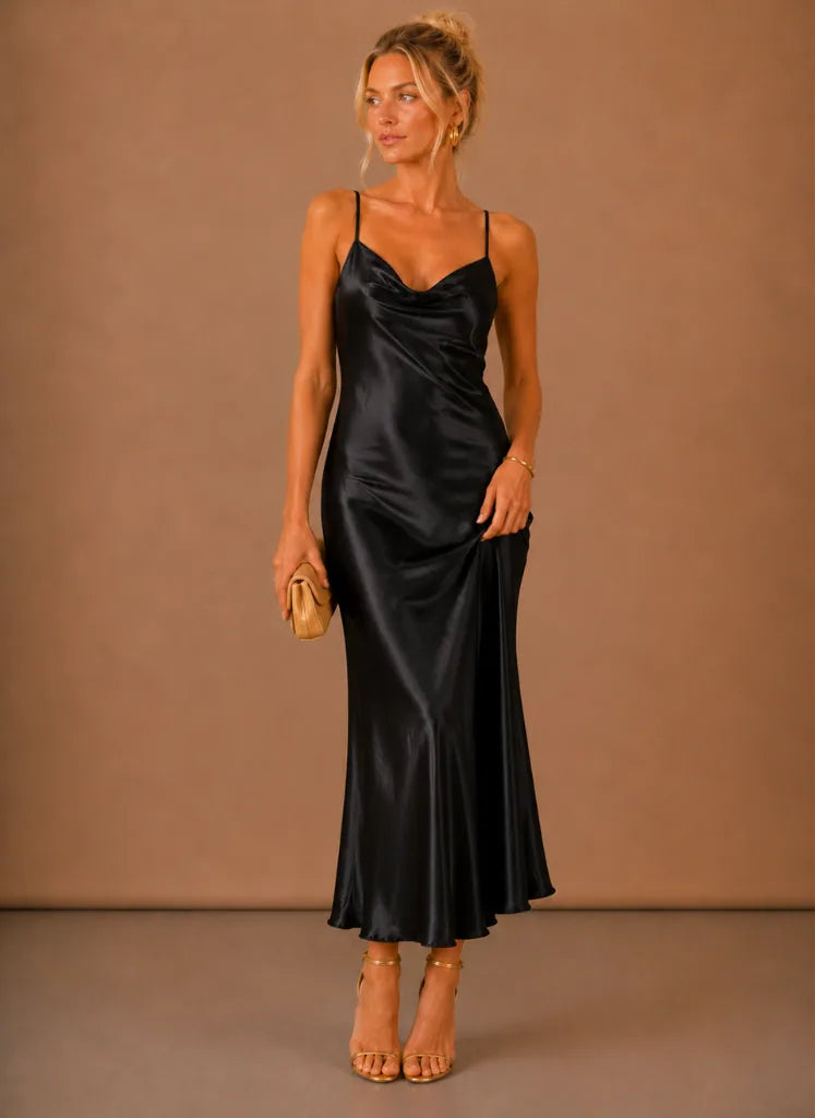 Justine Satin Cowl Neck Midi Dress — front