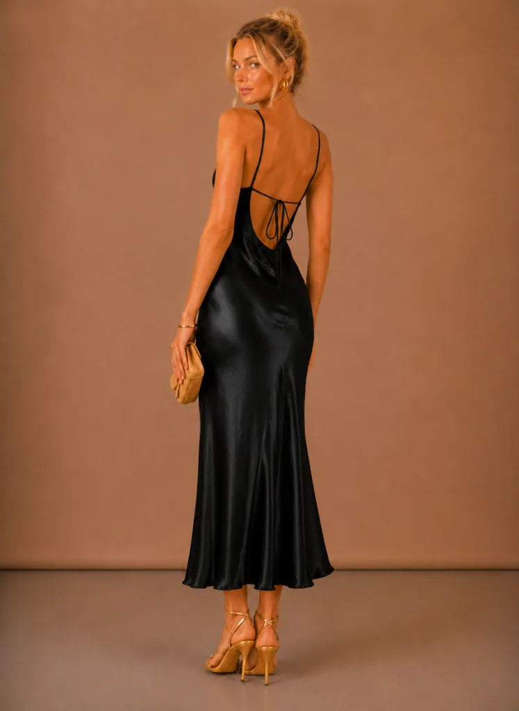Justine Satin Cowl Neck Midi Dress — open back