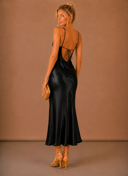 Justine Satin Cowl Neck Midi Dress — open back