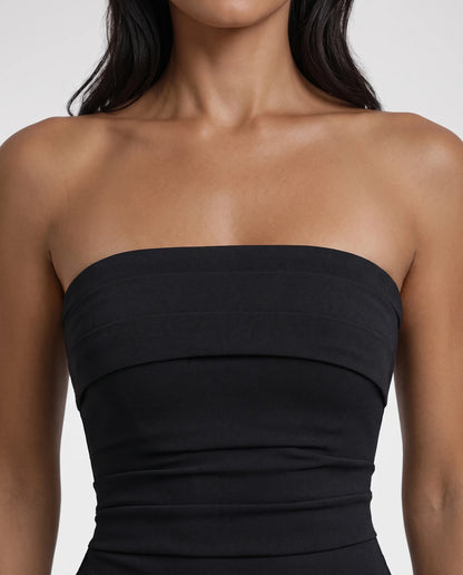 Leilani Strapless Side Maxi Dress for Women - Slit Asymmetric Draping Summer Dress - Black — strapless neckline detail