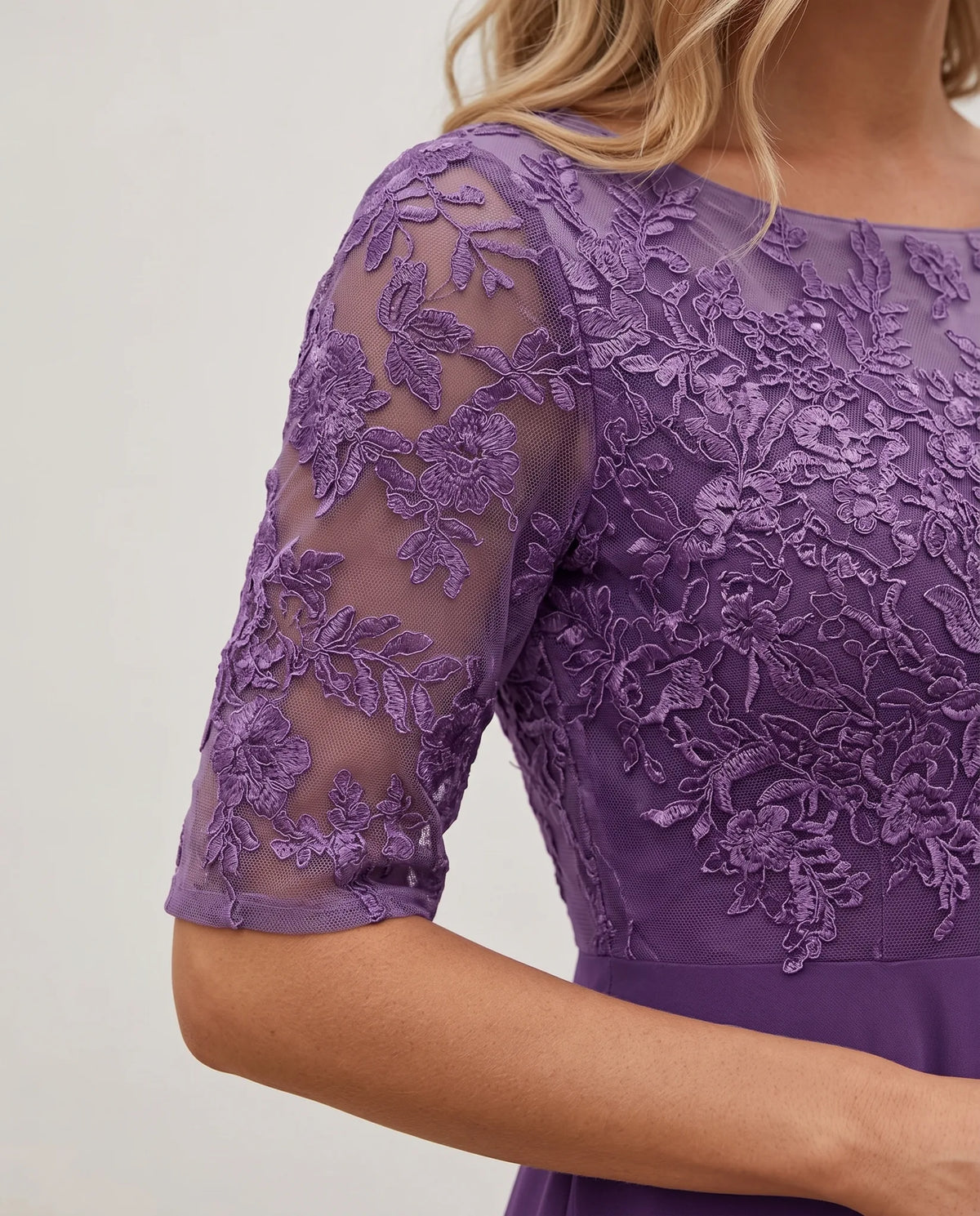 Leonie Lace Embroidered Midi Dress for Women - Summer Dress - Purple — sleeve detail