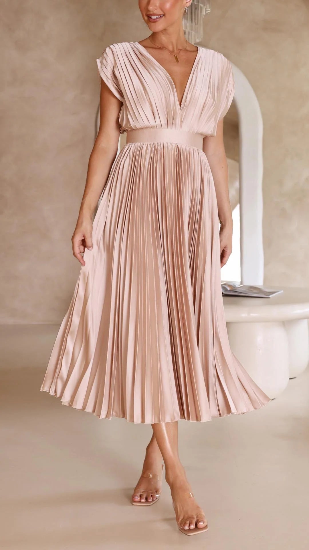 Ludivine Pleated Satin Maxi Dress — front