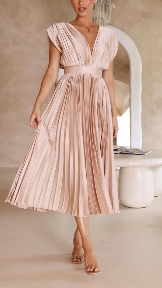 Ludivine Pleated Satin Maxi Dress — front angle