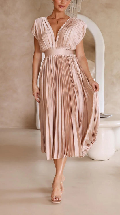 Ludivine Pleated Satin Maxi Dress — skirt in movement