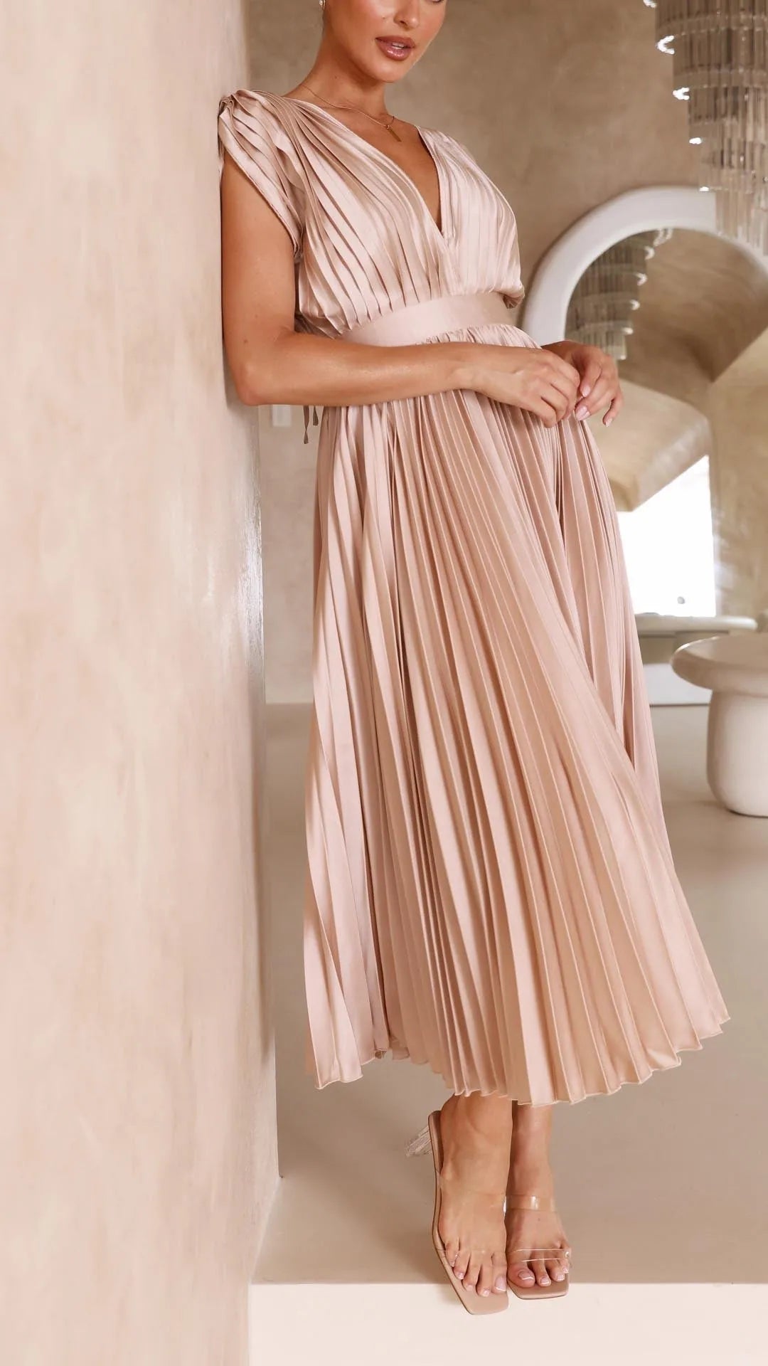 Ludivine Pleated Satin Maxi Dress — full length
